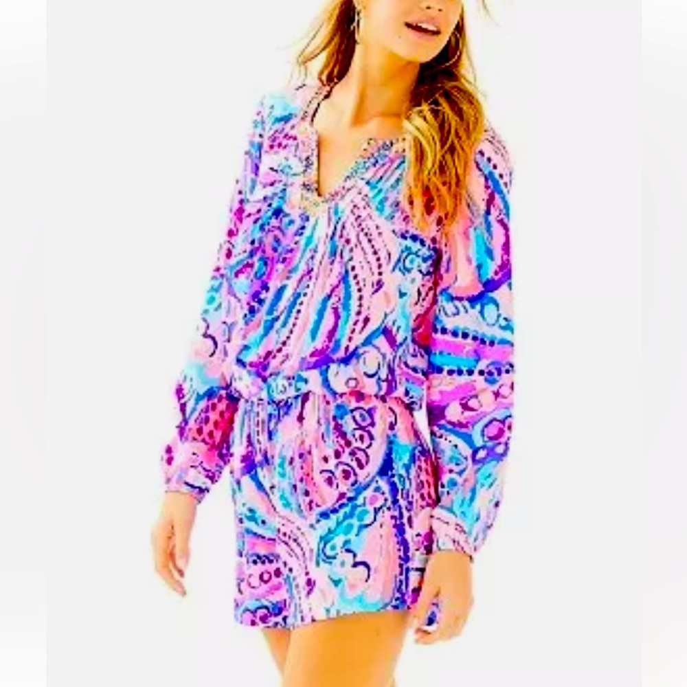 Lilly Pulitzer Colby Romper Colony Coral Island Satin Printed-Medium